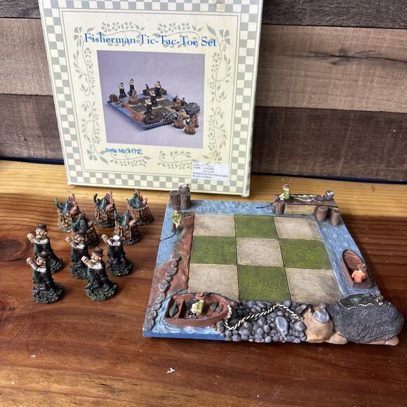 Fisherman Tic Tac Toe Set Shoreline Rowboat Nautical Decor In Box Complete Flaws - Picture 1 of 8